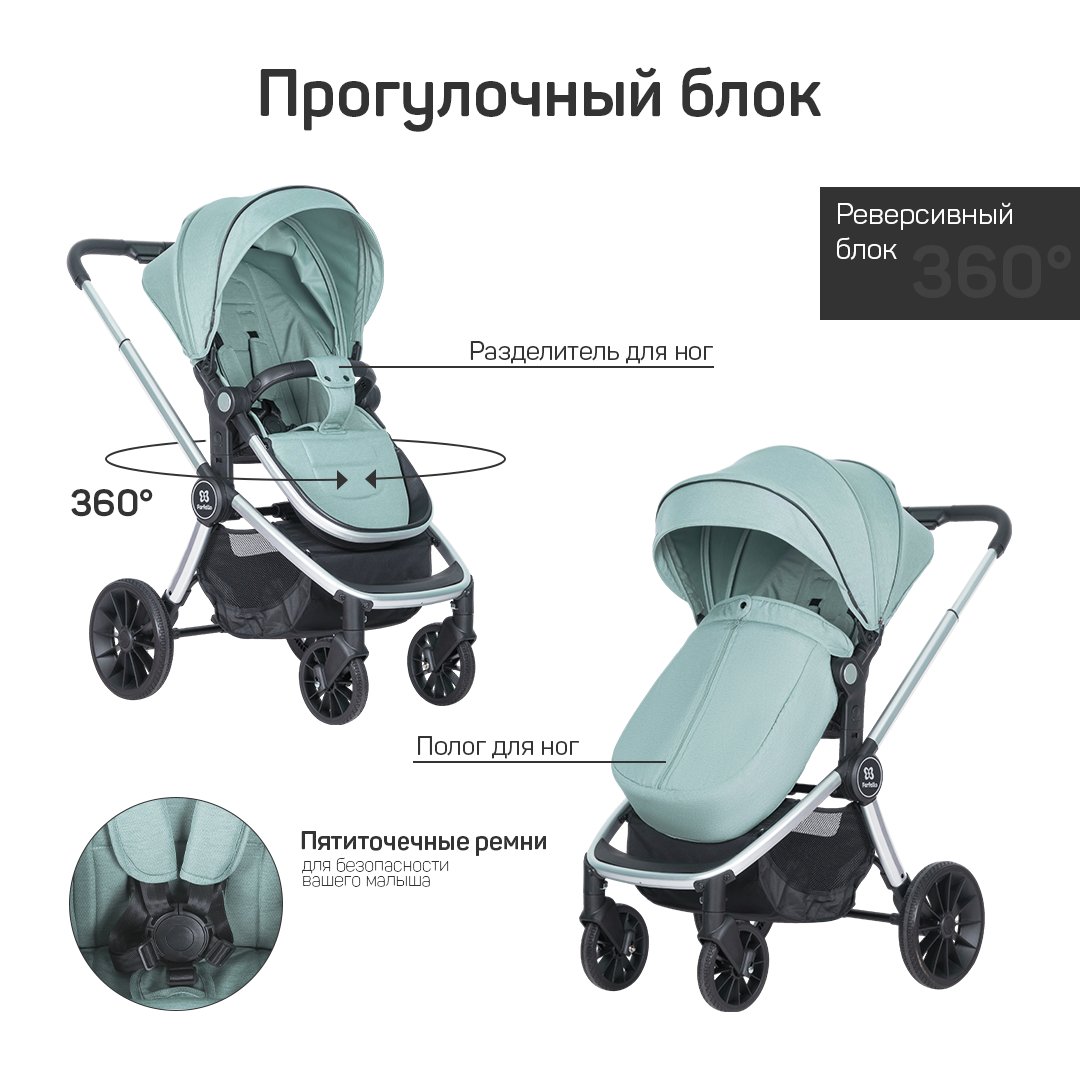 Коляска модульная 3 в 1 Farfello Baby shell BBS (BBS-33 green/зеленый/ серебро)