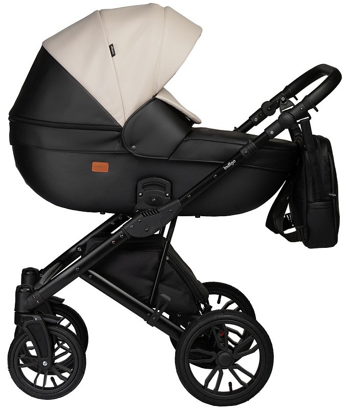 Коляска 2 в 1 Indigo Mio Eco, 04 (Черная кожа + Светло-бежевая кожа)