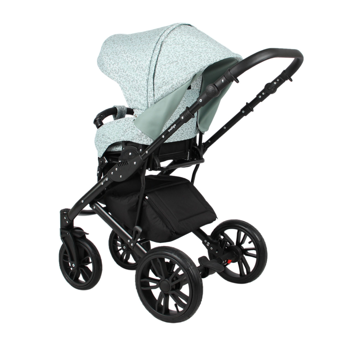 Коляска 2 в 1 Indigo MIO - Mi 06 (шалфей кожа+зеленый узор)