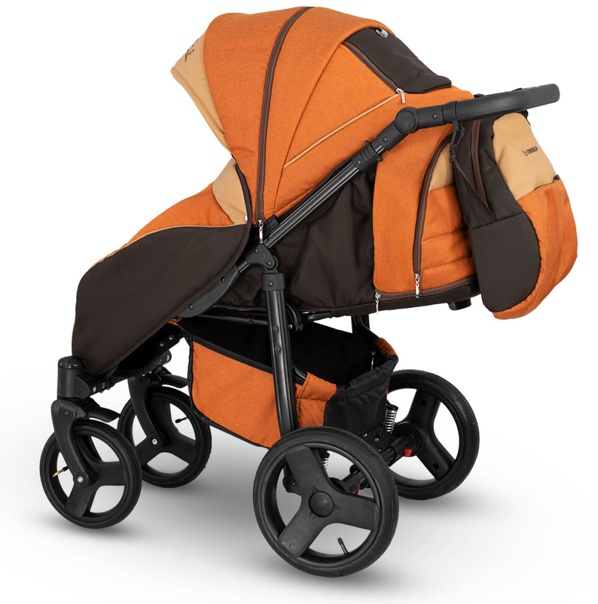 Прогулочная коляска Camarelo Elf экокожа черная рама оранжевый джинс/бежевый